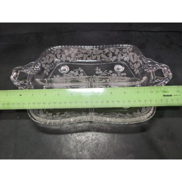 Fostoria Etched Glass Divided Relish‎ Dish, Basket Floral Design, 3-Part Serving - Picture 4 of 10